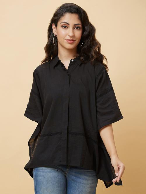 globus women black shirt collar lace inserts asymmetric hem kaftan tunic - 20485907 - Standard Image - 0