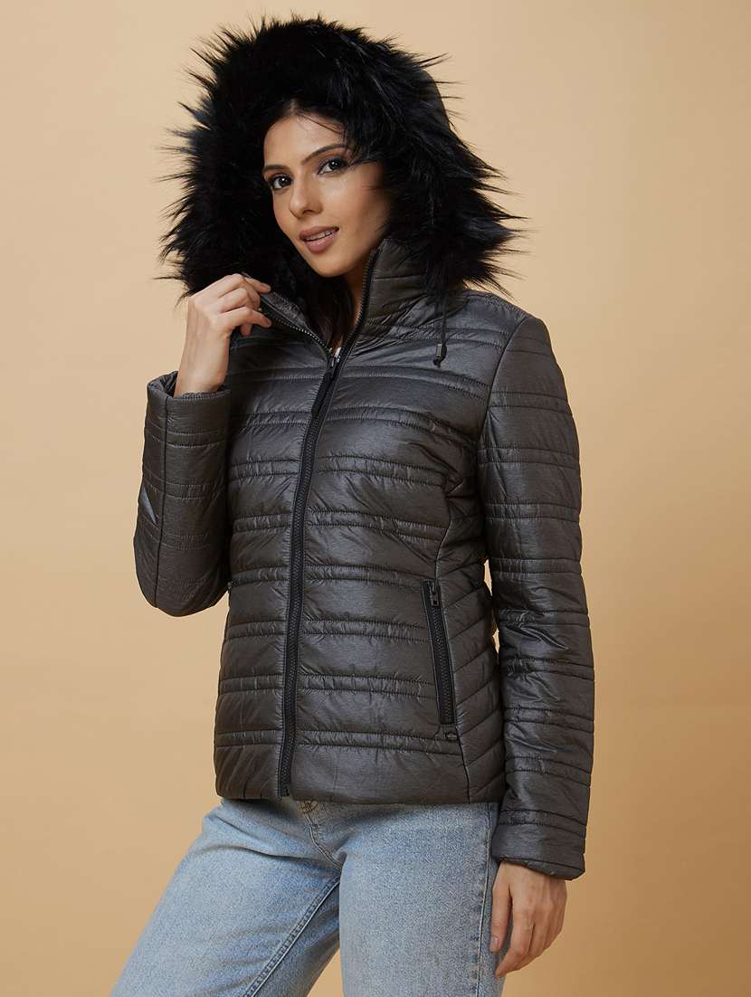 women's solid quilted jacket with fur hoodie - 20485931 - Standard Image - 1