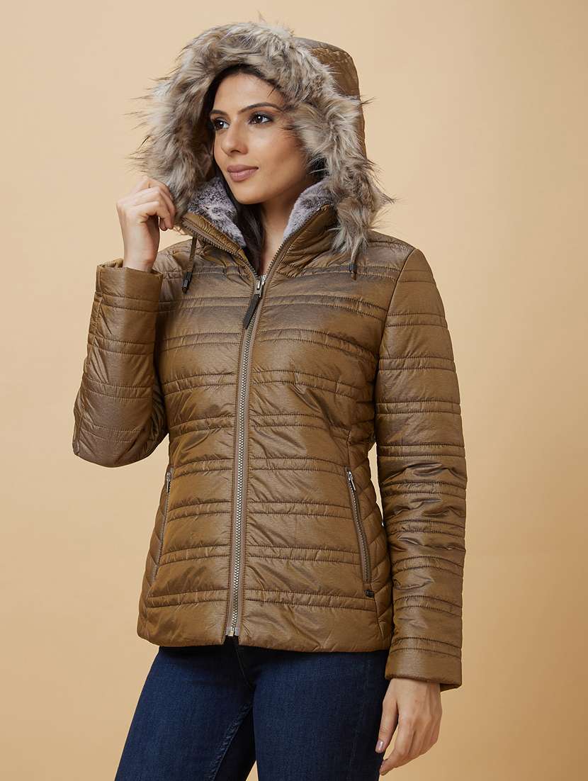 women's solid quilted jacket with fur hoodie - 20485932 - Standard Image - 1