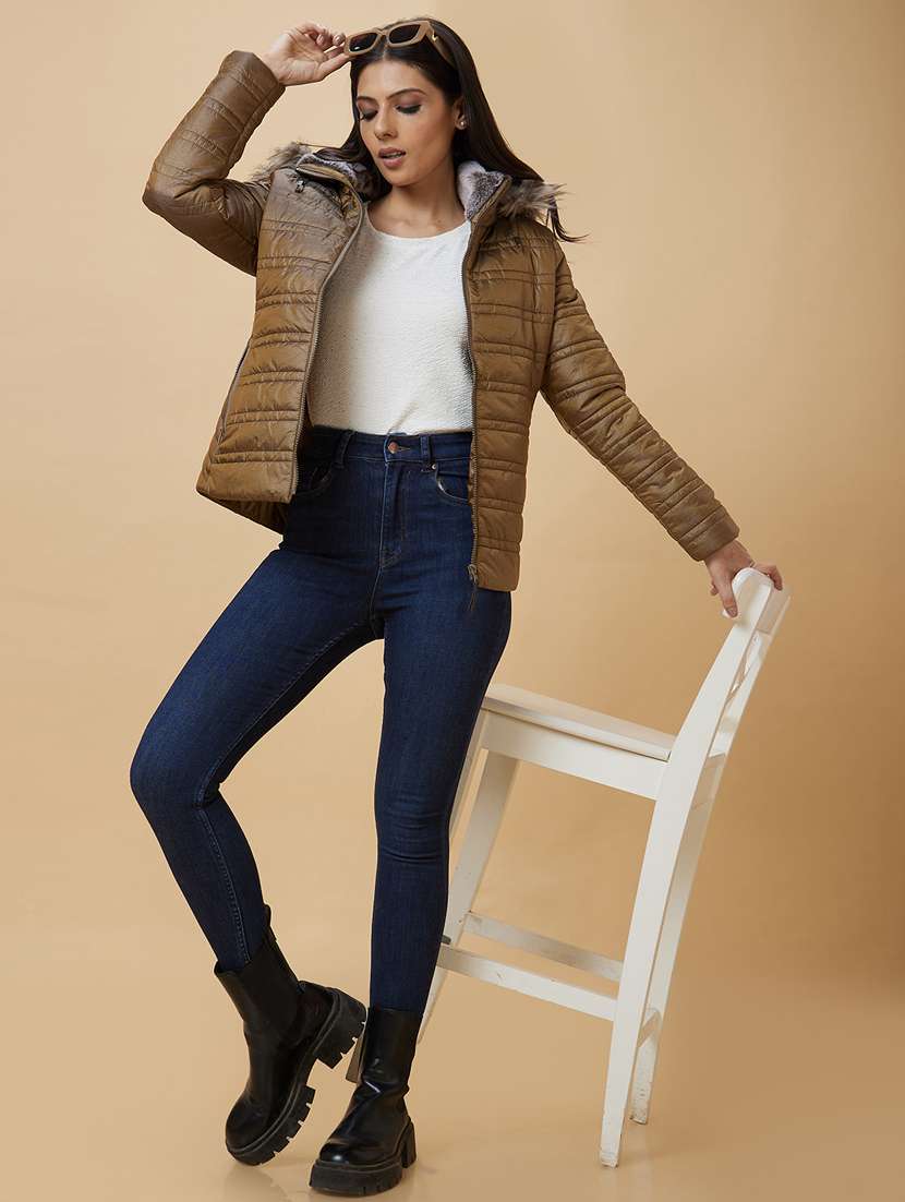 women's solid quilted jacket with fur hoodie - 20485932 - Standard Image - 4