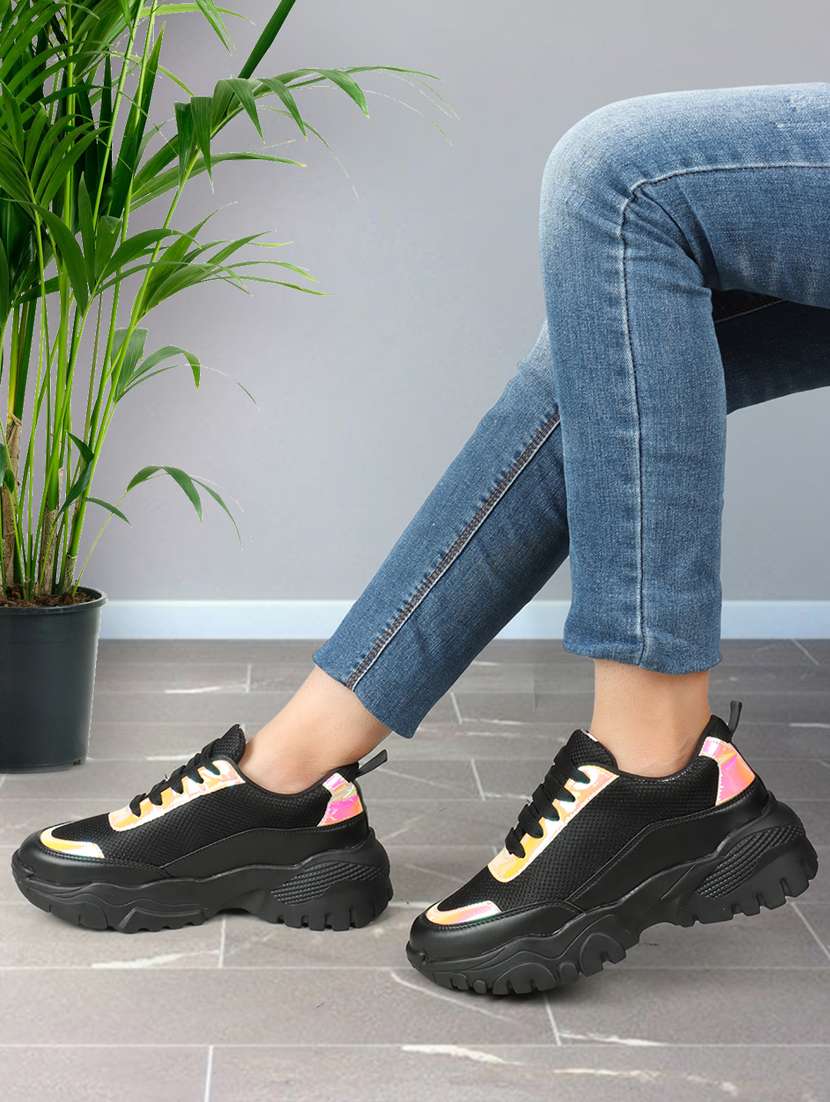 women color block black lace-up sneaker - 20485971 -  Standard Image - 4