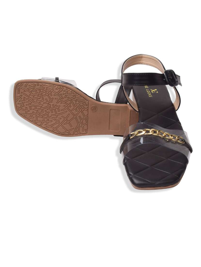 women solid black embellished chain flat sandal - 20485980 -  Standard Image - 1