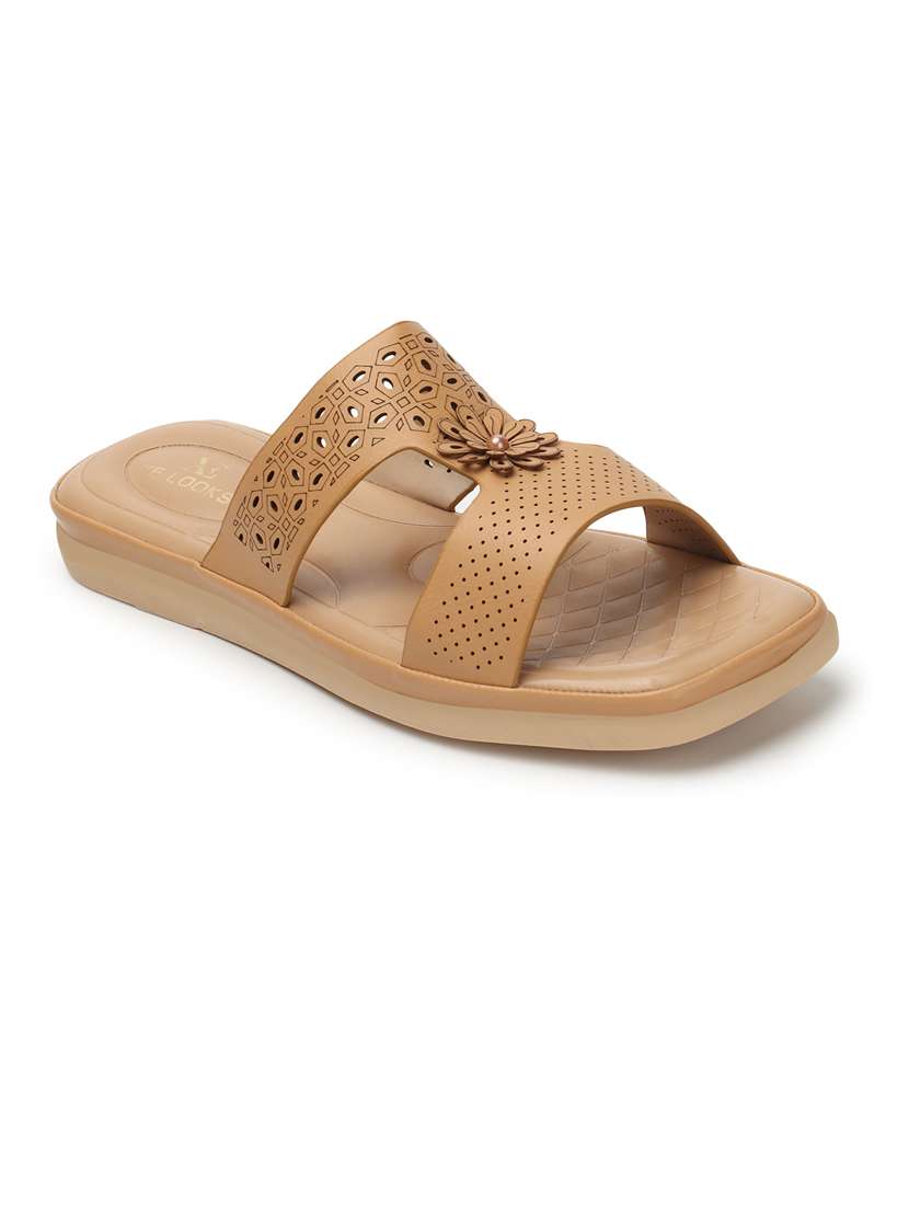 women cut work tan embellished slip on flat sandal - 20486027 -  Standard Image - 1