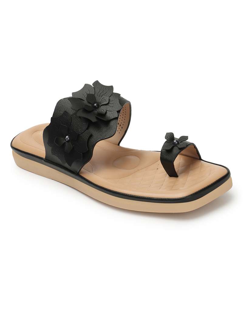 women solid black embellished slip on flat sandal - 20486033 -  Standard Image - 1