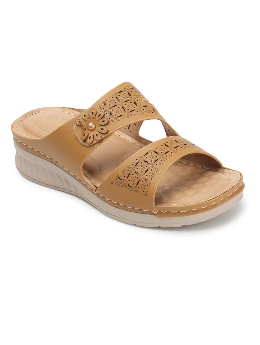 women cut work tan slip on flat sandal - 20486046 -  Standard Image - 1