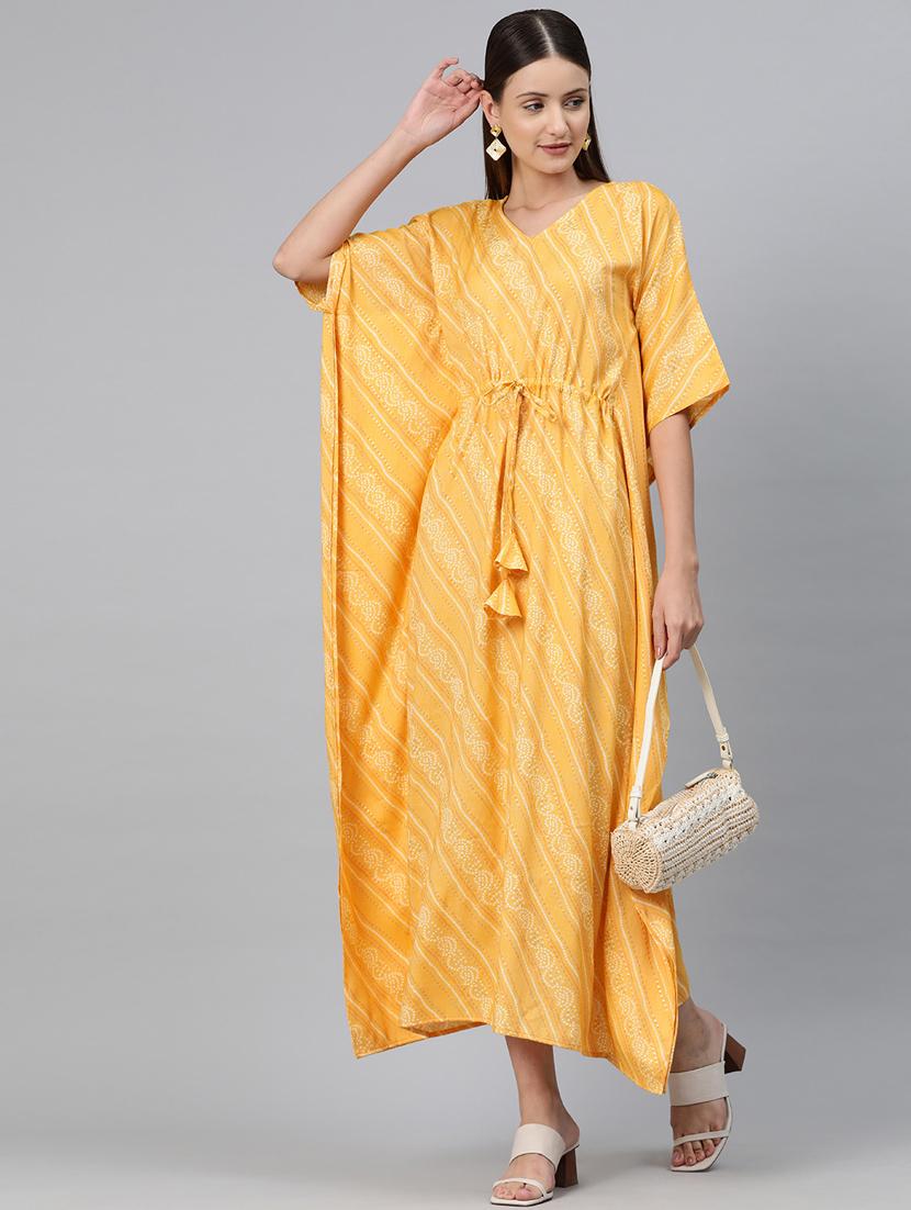 yellow bandhani kaftan dress