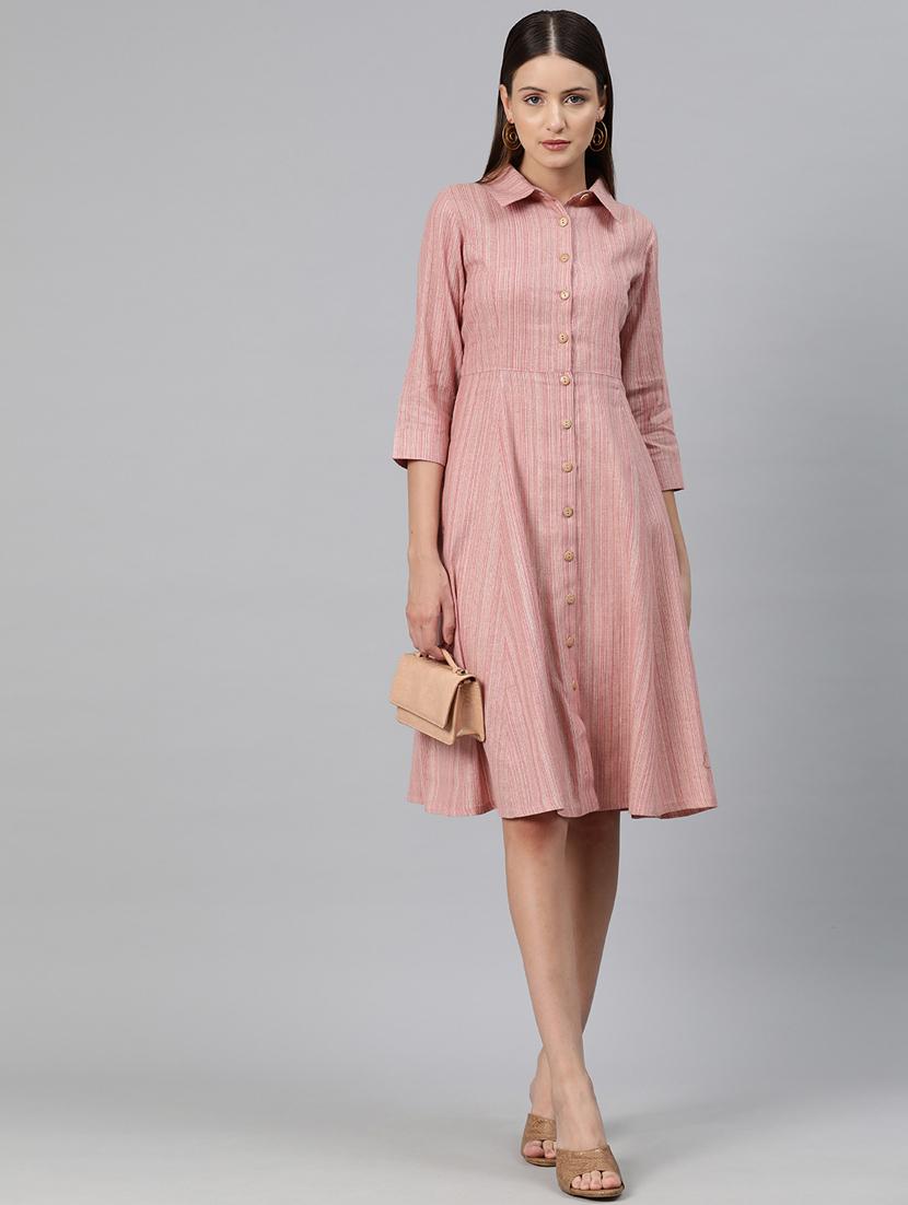 pink self design shirt dress