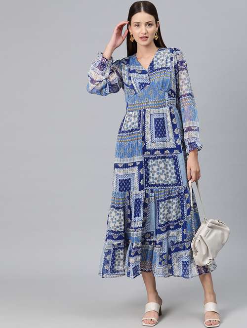 blue printed empire line dress - 20486527 -  Standard Image - 0