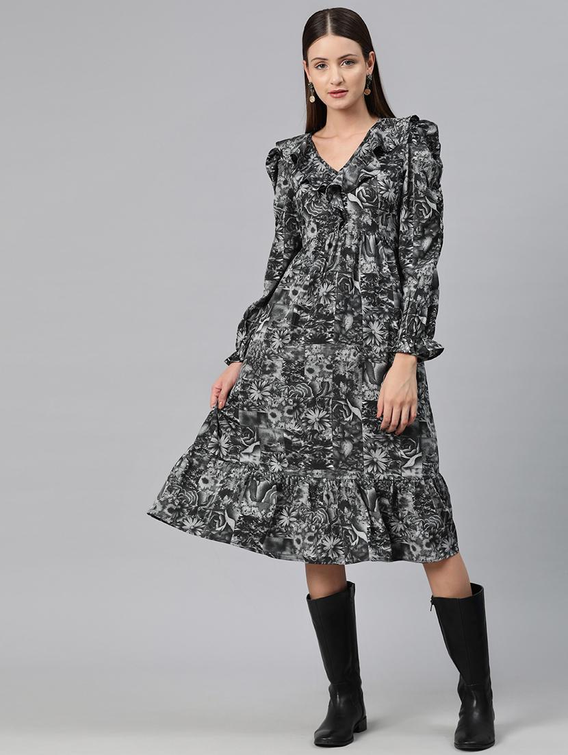 grey floral printed fit & flare dress - 20486541 -  Zoom Image - 0