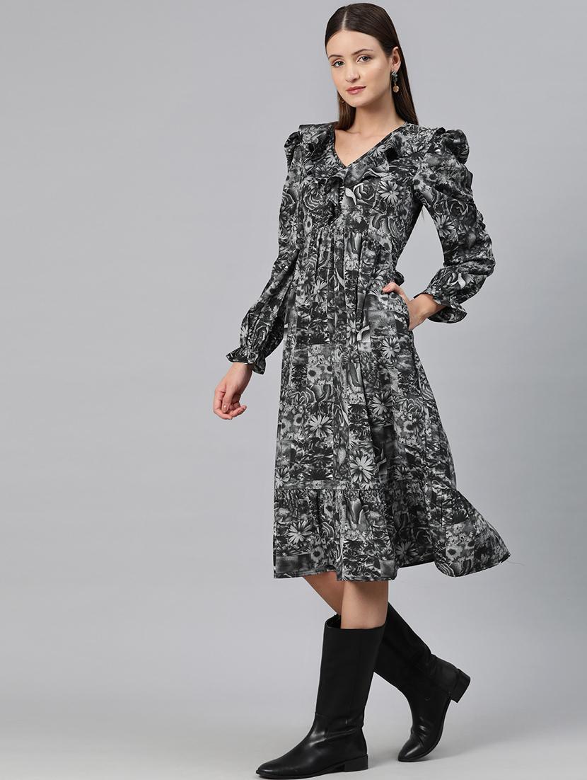 grey floral printed fit & flare dress - 20486541 - Standard Image - 1
