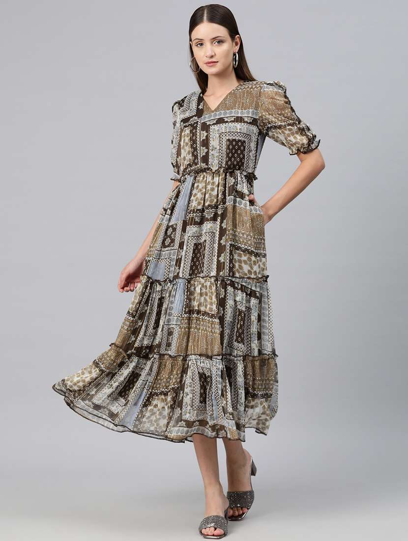 brown printed fit & flare dress