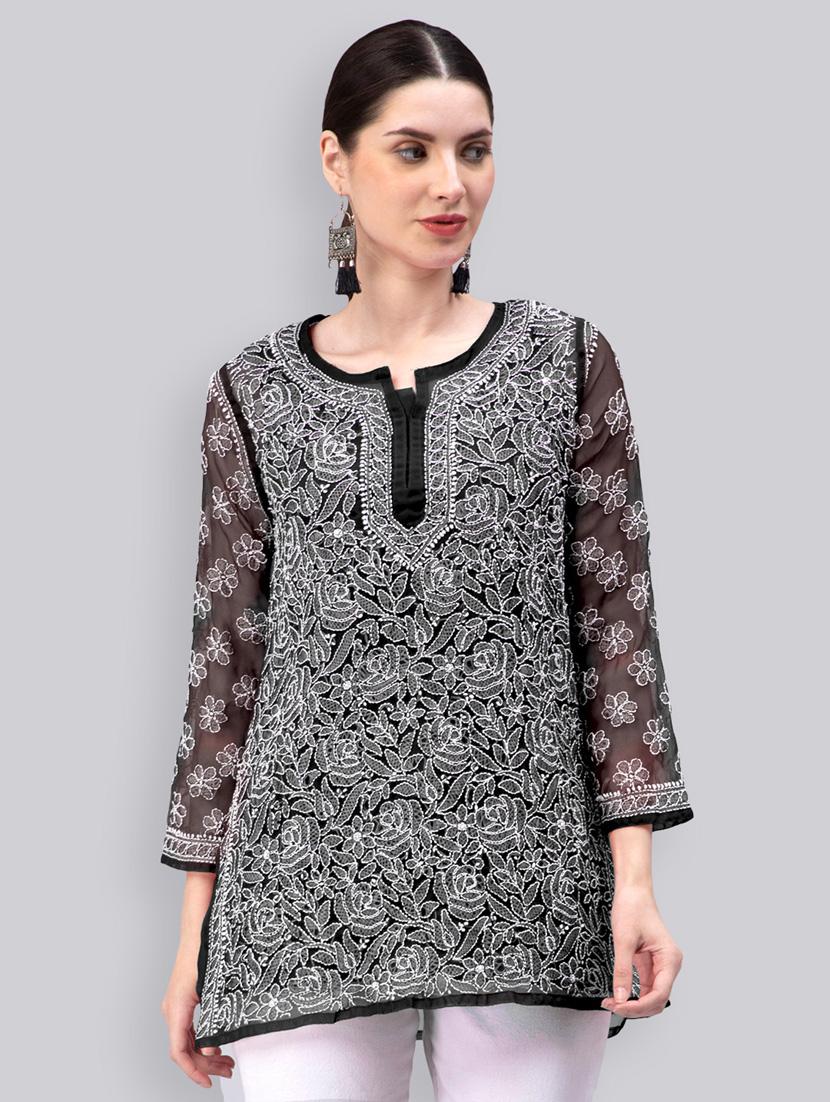 black chikankari embroidered short kurti - 20486707 -  Zoom Image - 0