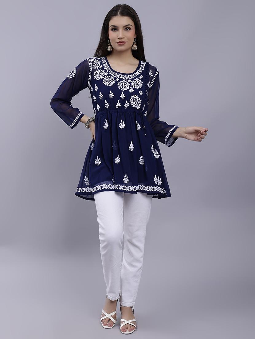 navy blue chikankari embroidered short kurti - 20486708 - Standard Image - 4