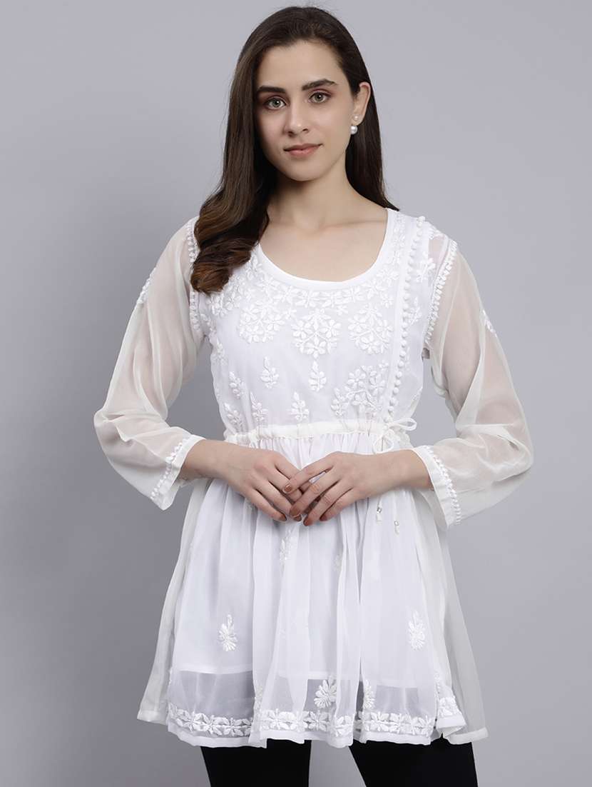 white chikankari embroidered short kurti