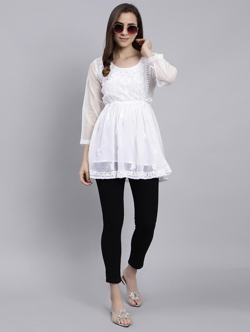 white chikankari embroidered short kurti - 20486712 - Standard Image - 4