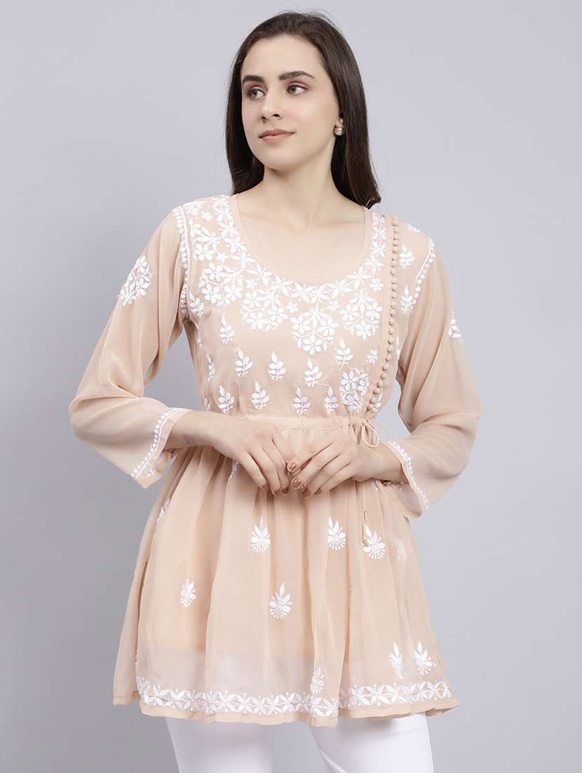 beige chikankari embroidered short kurti
