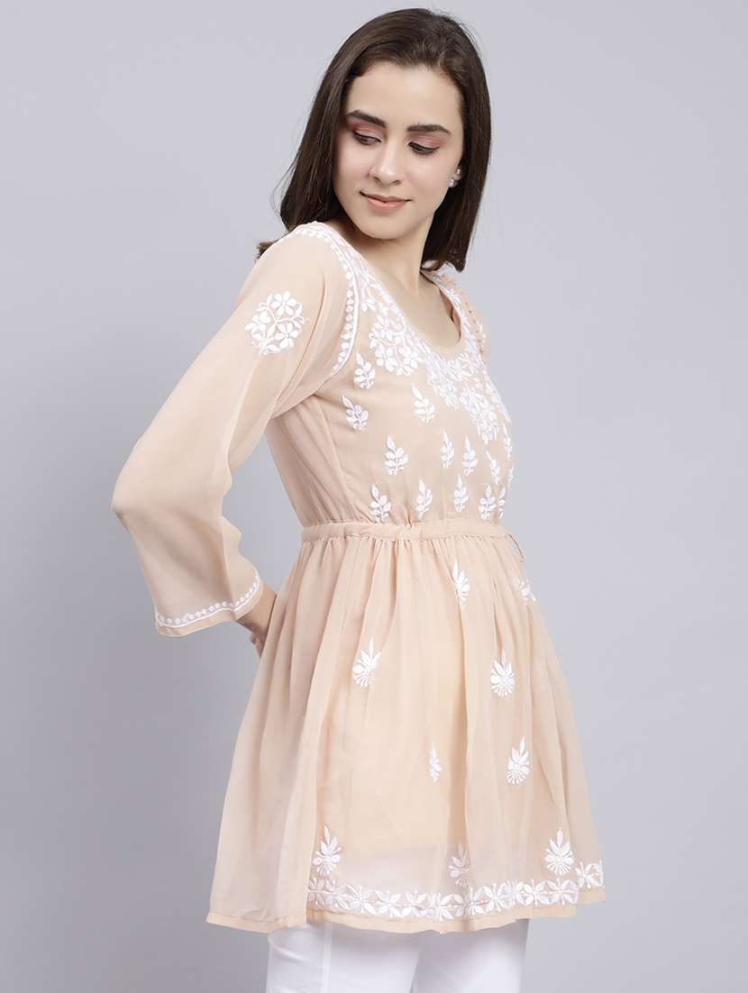 beige chikankari embroidered short kurti - 20486714 -  Standard Image - 1