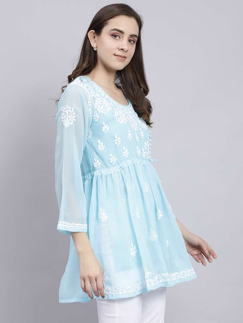 light blue chikankari embroidered short kurti - 20486717 -  Standard Image - 1