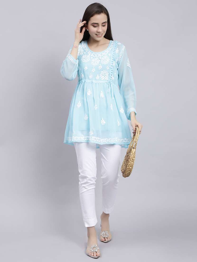 light blue chikankari embroidered short kurti - 20486717 -  Standard Image - 4