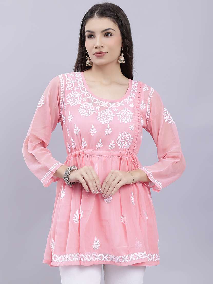 rosewater chikankari embroidered short kurti