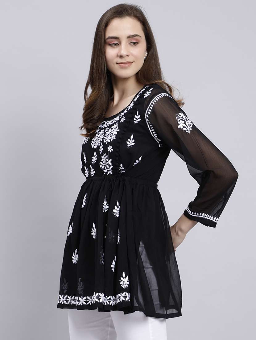 black chikankari embroidered short kurti - 20486719 -  Standard Image - 1