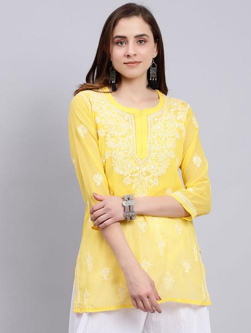 yellow chikankari embroidered short kurti - 20486721 - Standard Image - 0