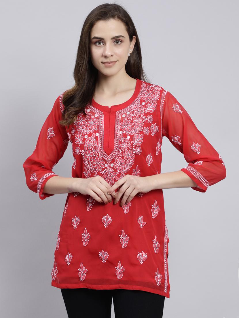 red chikankari embroidered short kurti - 20486723 -  Zoom Image - 0