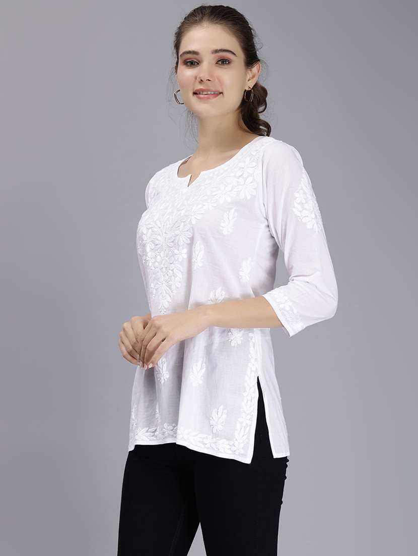 white chikankari embroidered short kurti - 20486726 -  Standard Image - 1