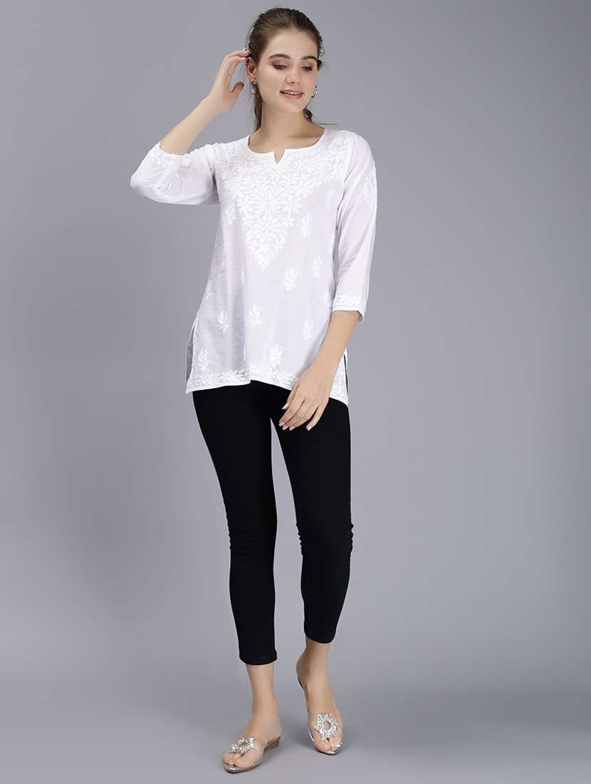 white chikankari embroidered short kurti - 20486726 -  Standard Image - 4