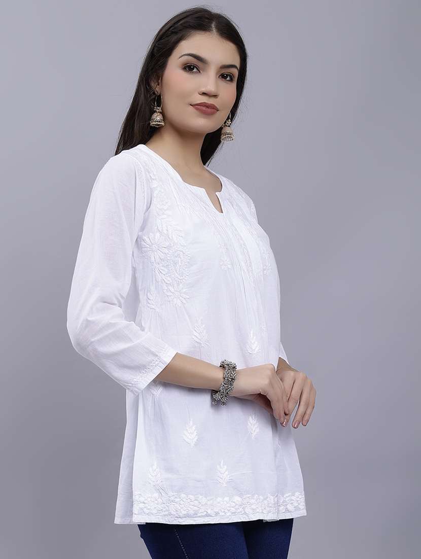 white chikankari embroidered short kurti - 20486731 -  Standard Image - 1