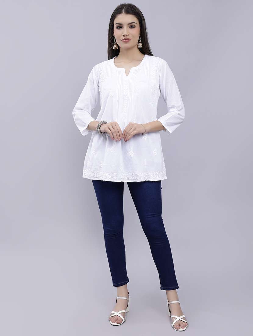 white chikankari embroidered short kurti - 20486731 -  Standard Image - 4