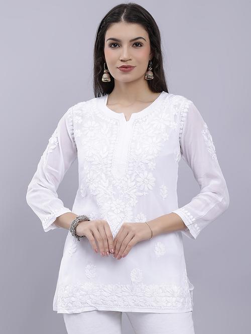 white chikankari embroidered short kurti - 20486732 - Standard Image - 0