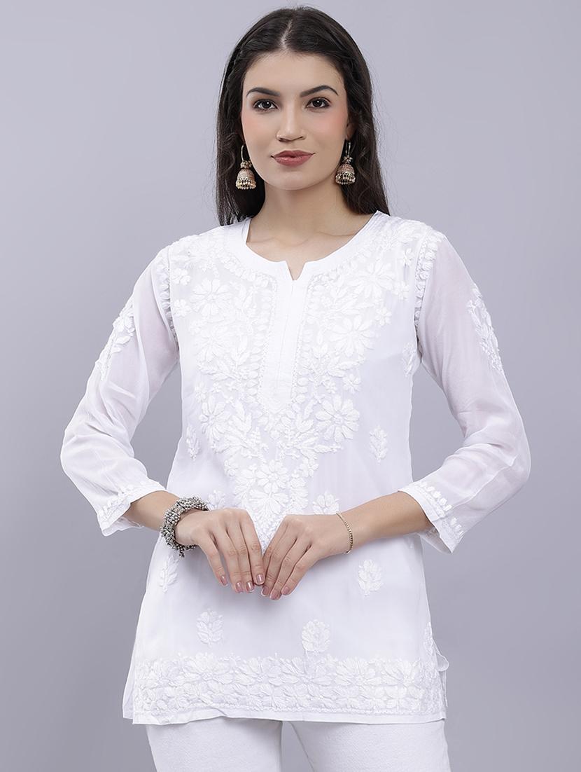 white chikankari embroidered short kurti - 20486732 - Zoom Image - 0