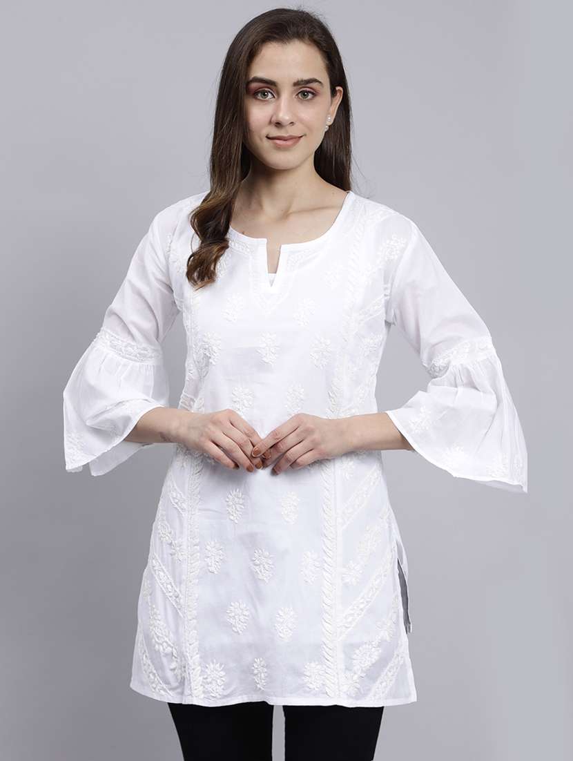 elegant white cotton chikankari embroidered kurti for women