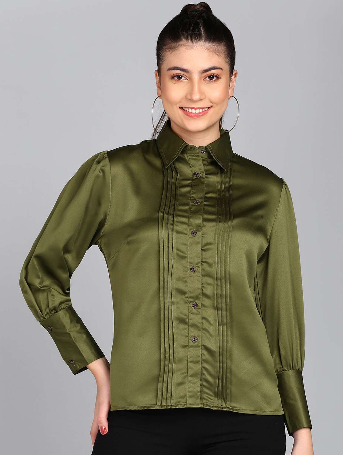 olive solid puff sleeves regular shirt