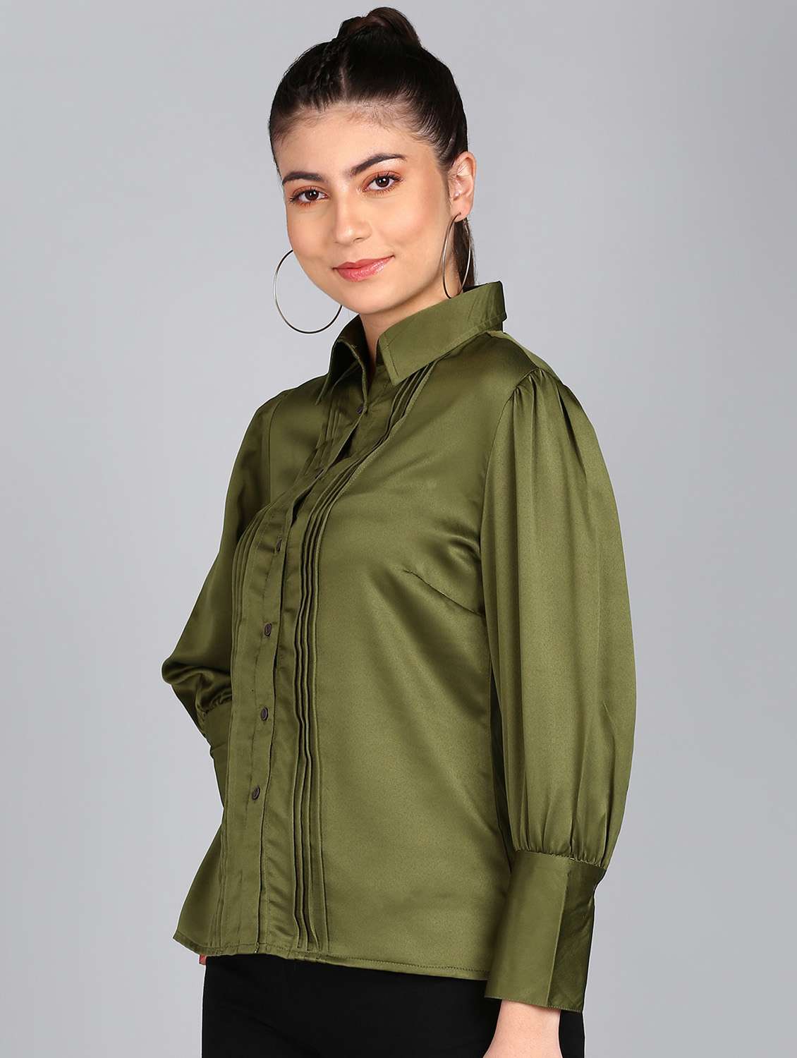 olive solid puff sleeves regular shirt - 20487201 - Standard Image - 1