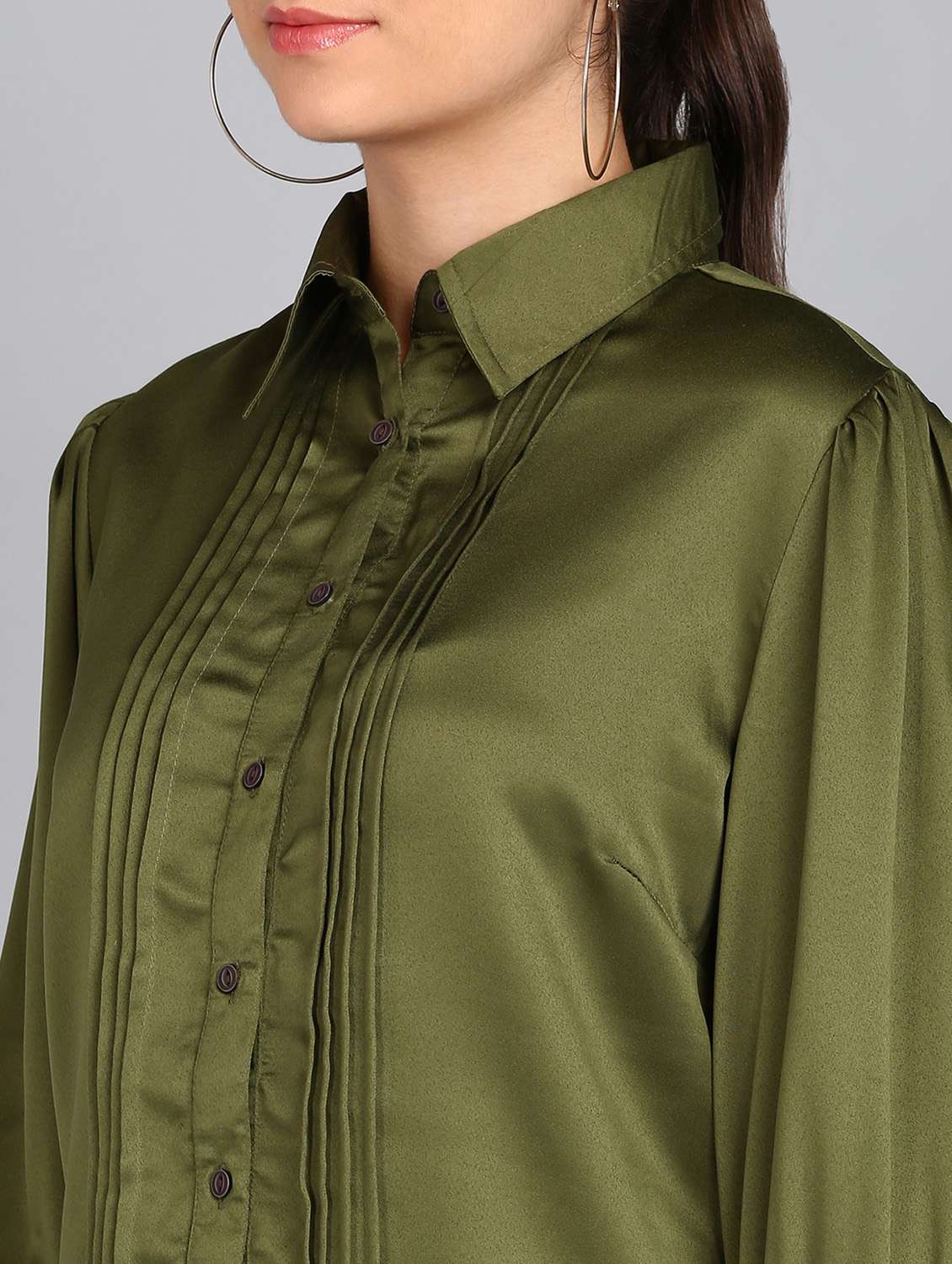 olive solid puff sleeves regular shirt - 20487201 - Standard Image - 4