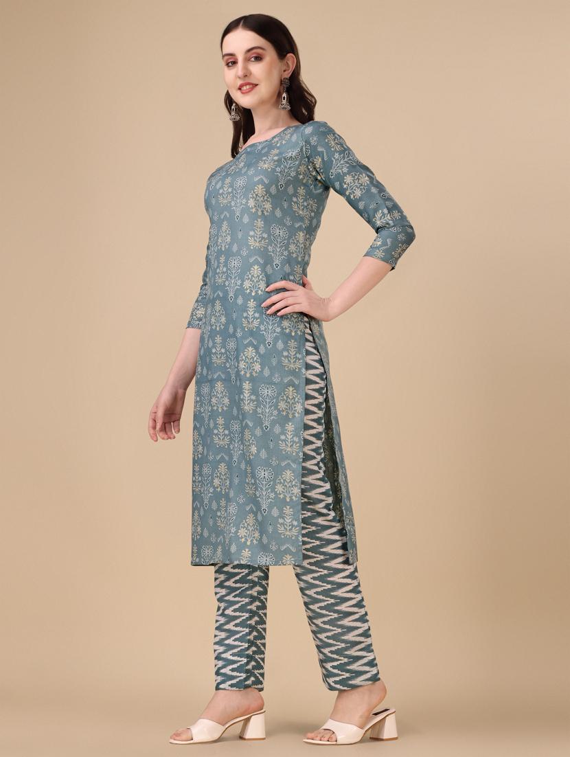 grey three quarter sleeve kurta pant set - 20487775 -  Standard Image - 1