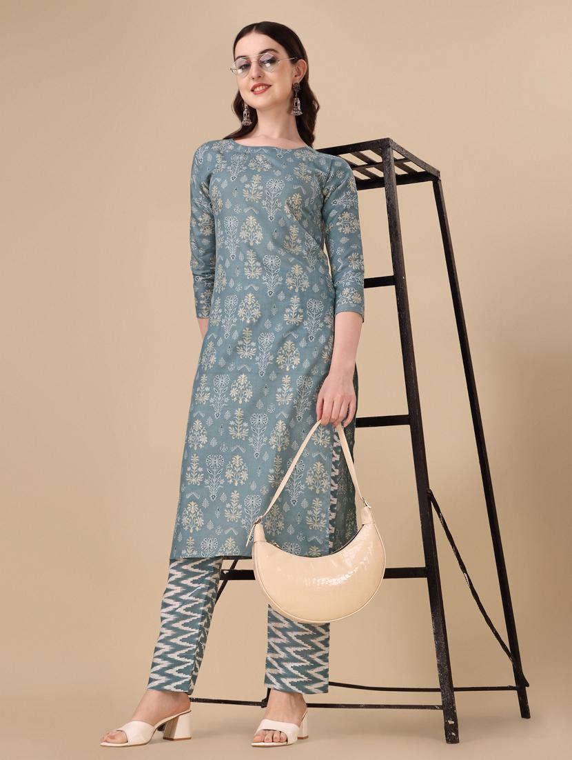 grey three quarter sleeve kurta pant set - 20487775 - Standard Image - 4