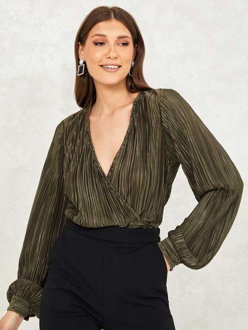 women party bling & sparkly metallic pleated wrap top with fitted waistband - 20488983 -  Standard Image - 0