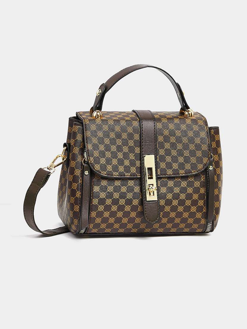 brown leatherette printed sling bag