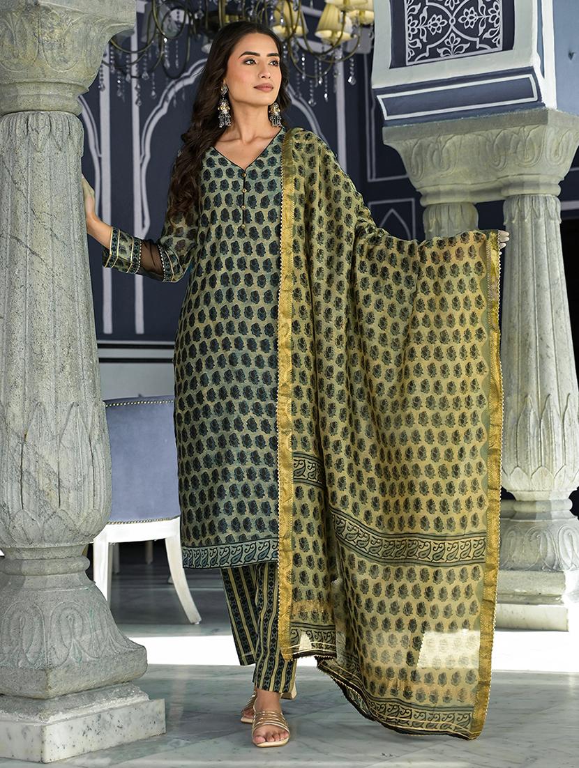 women green long sleeve kurta pant with dupatta set - 20490923 - Zoom Image - 0