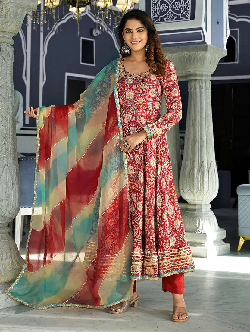 women red long sleeve anarkali kurta pant with dupatta set