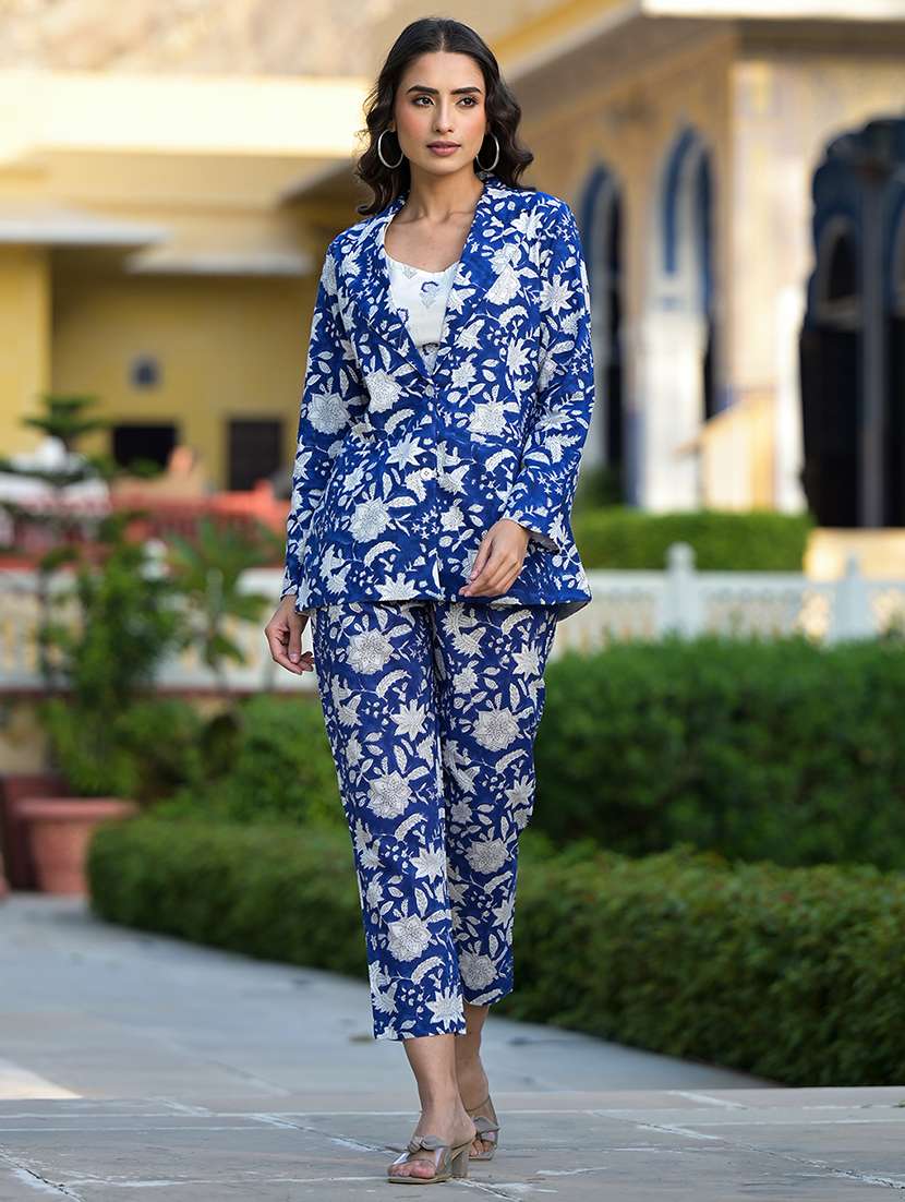 blue floral print blazer and trouser set