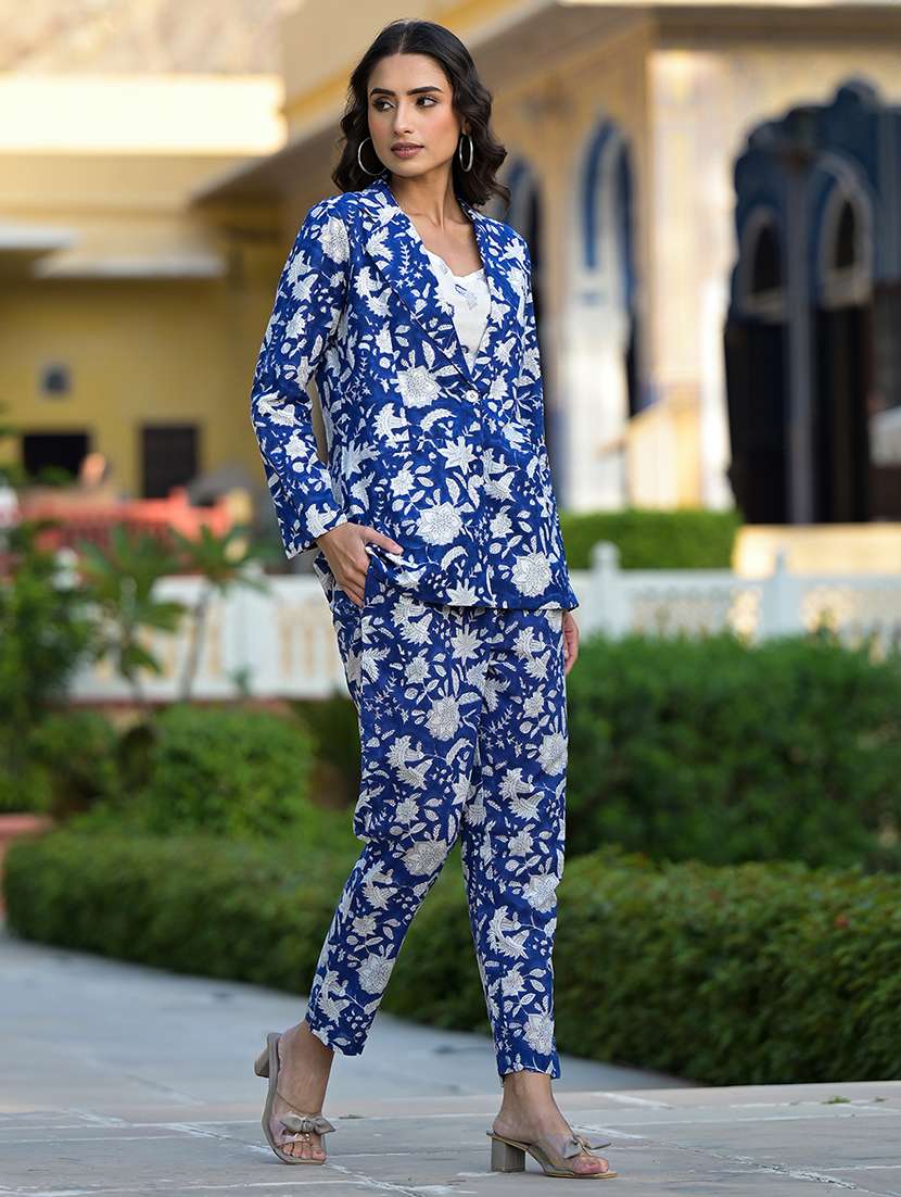 blue floral print blazer and trouser set - 20490969 -  Standard Image - 1