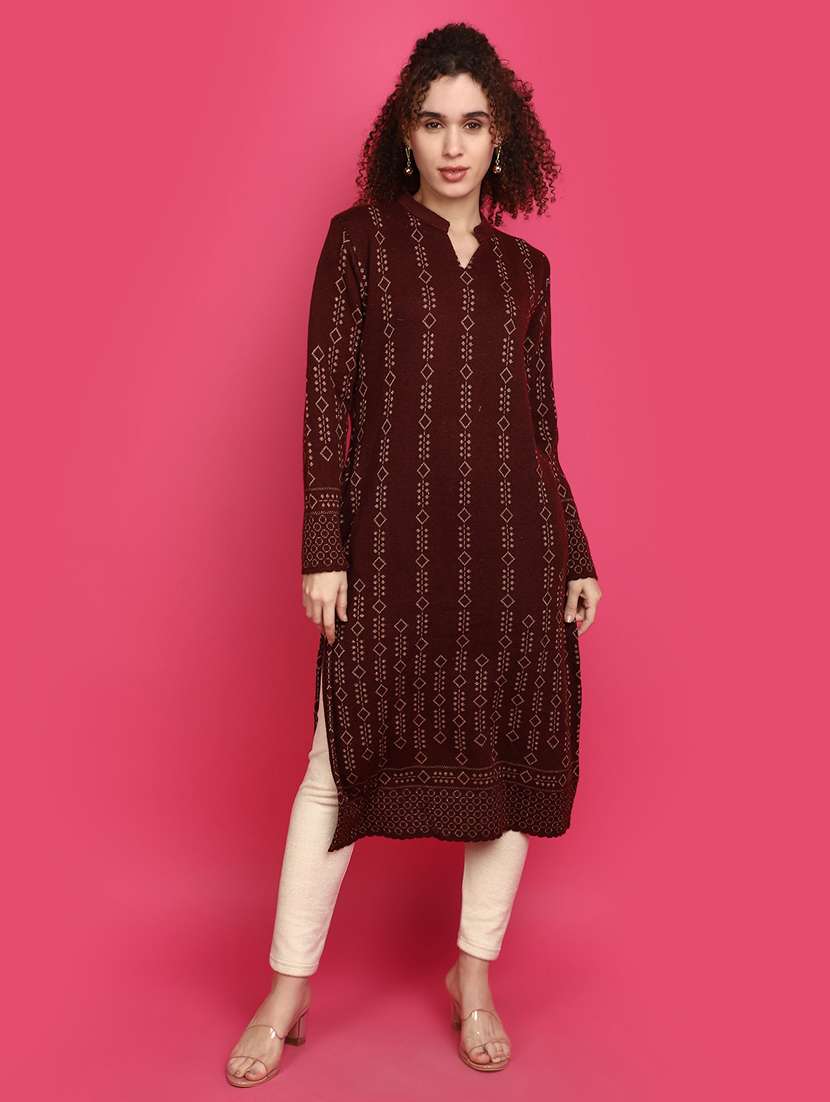 women mandarin neck self design marron straight kurta 