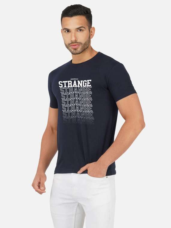 navy blue typography front print t-shirt - 20492799 -  Standard Image - 1