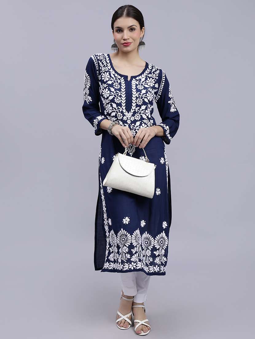 navy blue three quarter sleeve chikankari kurta - 20494980 -  Standard Image - 1