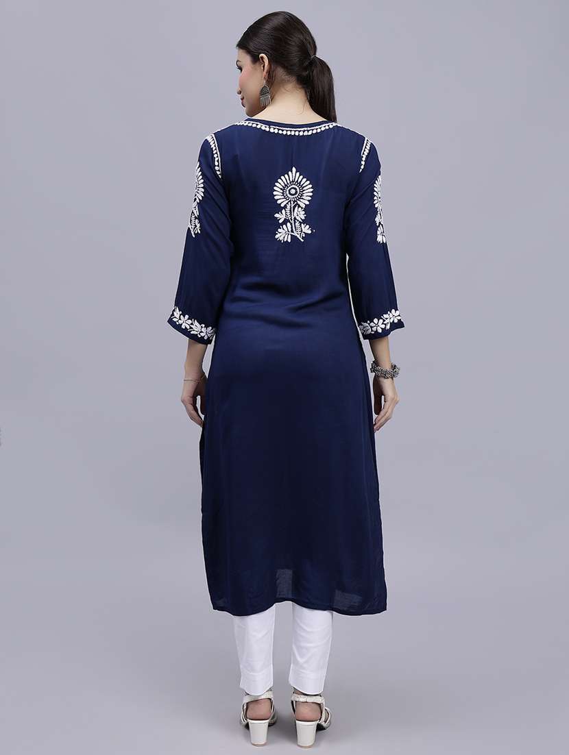 navy blue three quarter sleeve chikankari kurta - 20494980 -  Standard Image - 4