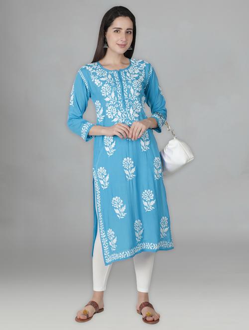 blue three quarter sleeve chikankari kurta - 20494981 -  Standard Image - 0